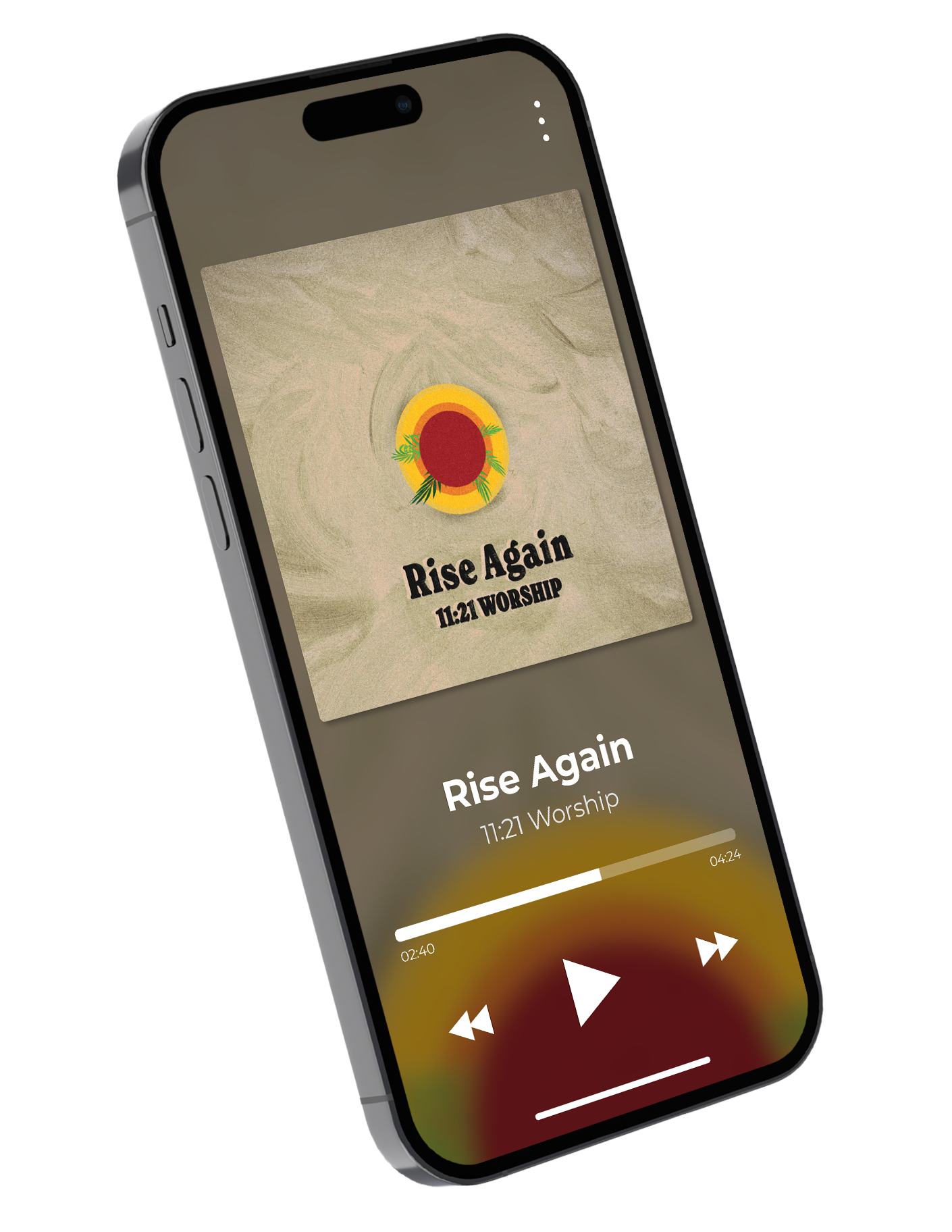 hand holding phone with music player open to Rise Again cover art