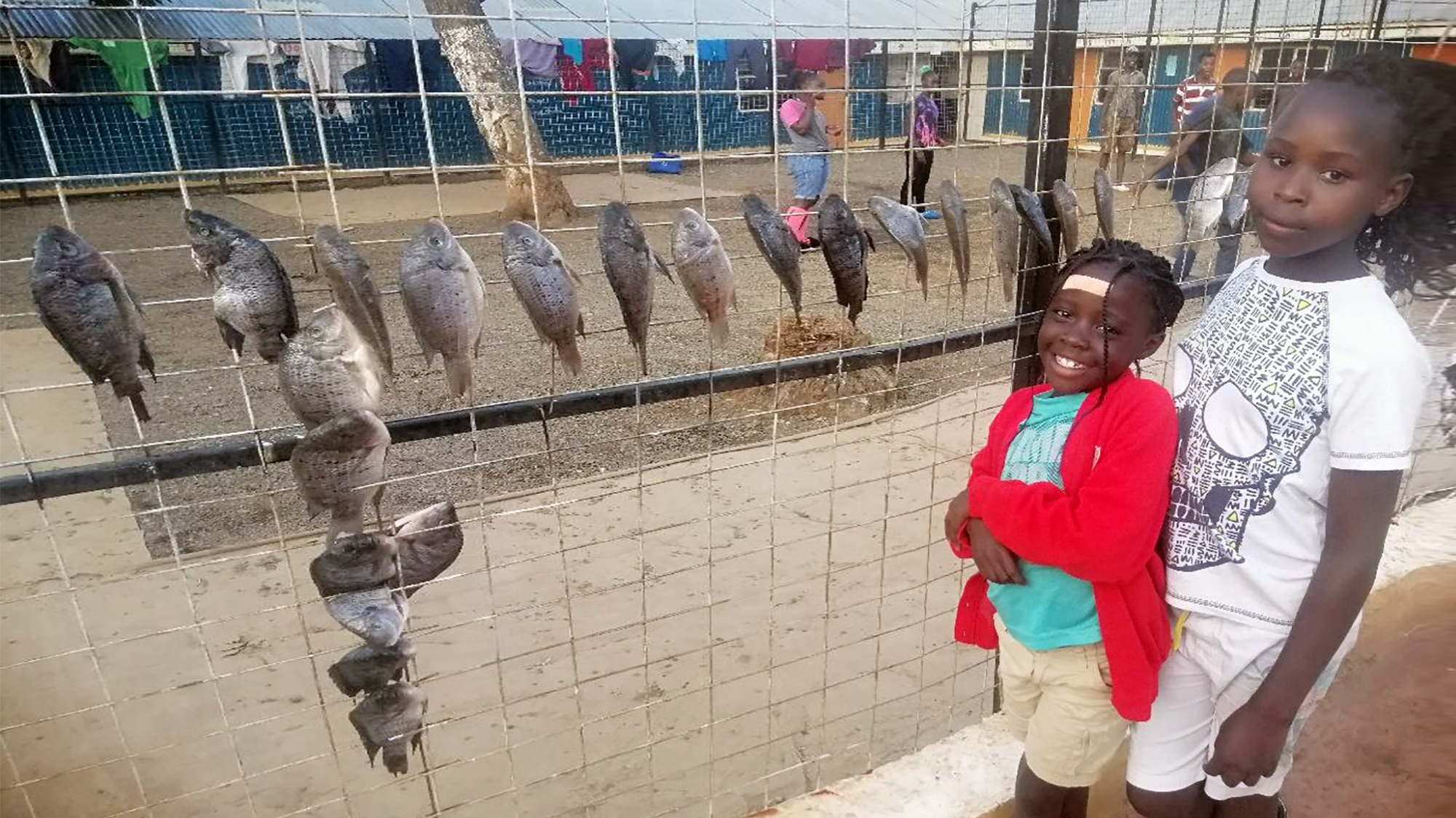 Two girls standing next to caught fish