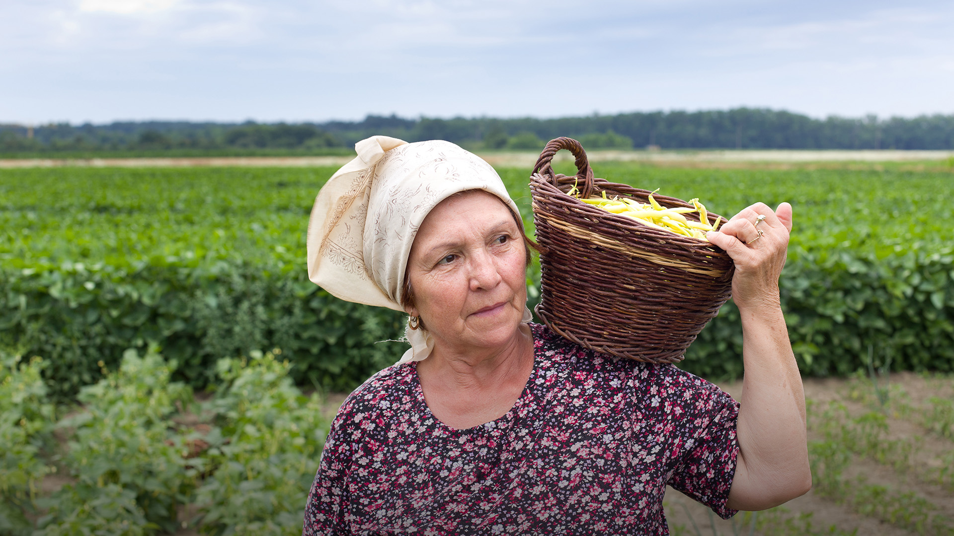 Woman with basket with yellow beans