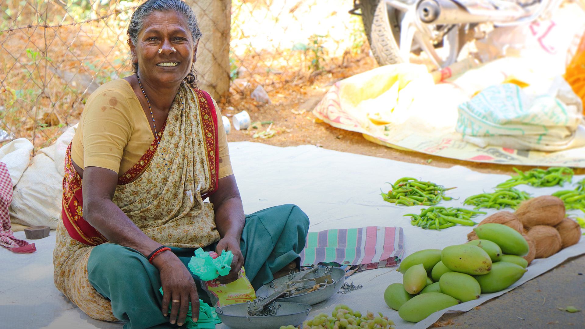 Indian old lady selling the fruits in market