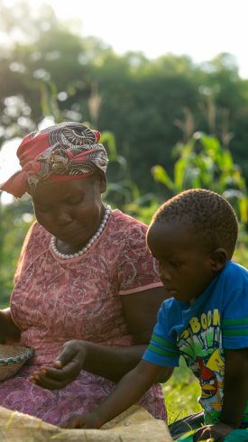 image of a woman and child sifting produce
