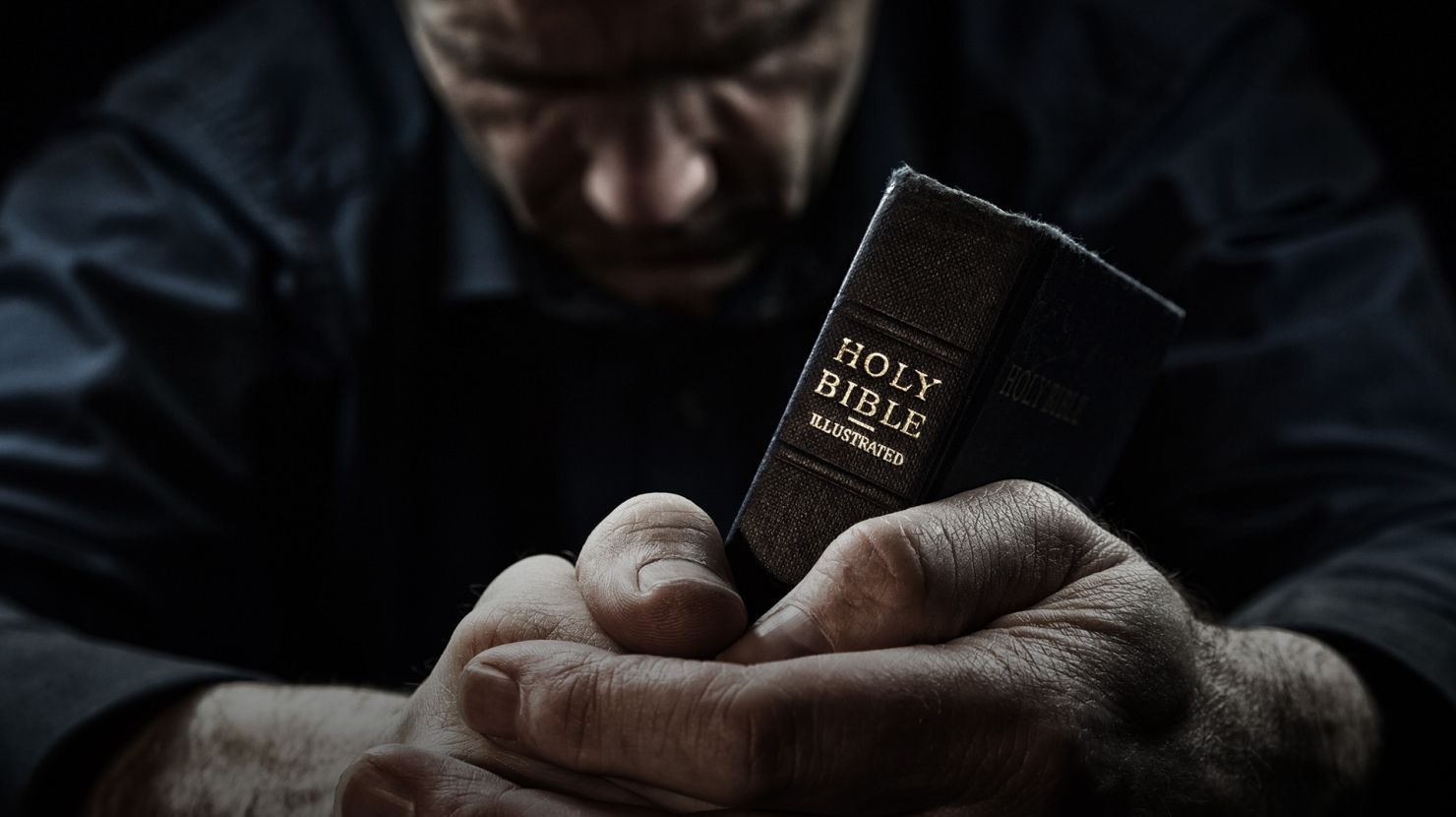 A Man praying holding a Holy Bible.