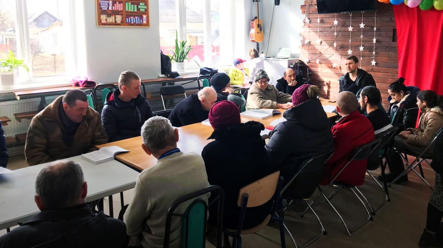 A church meeting the day after the bombing began in the Ukraine
