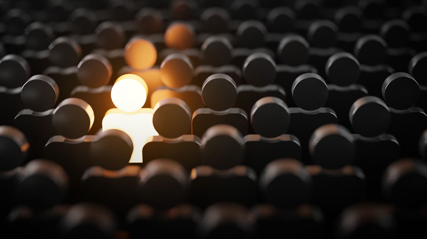 Stand Out 3D Concept, One Man Glowing Among Other People in Dark Condition.